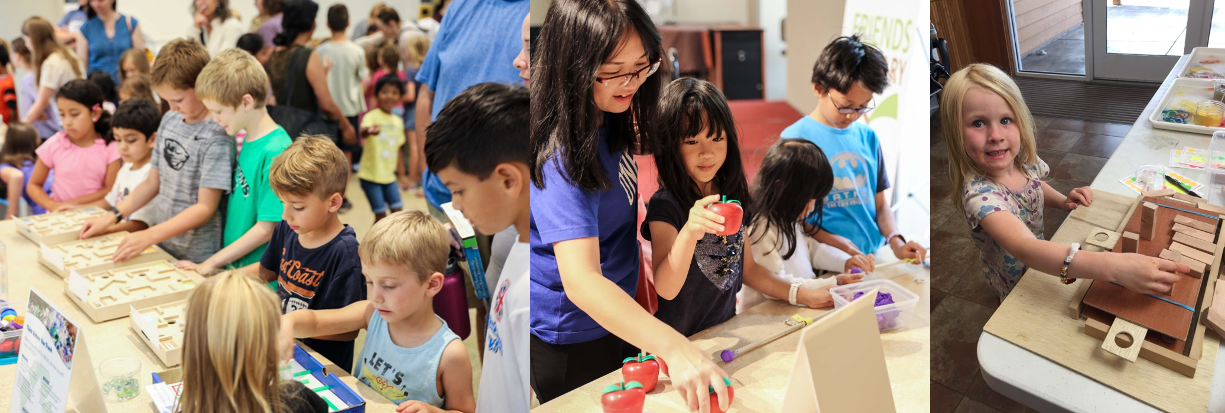 A banner with three images of children of varying ages and skin tones and hair colors playing games