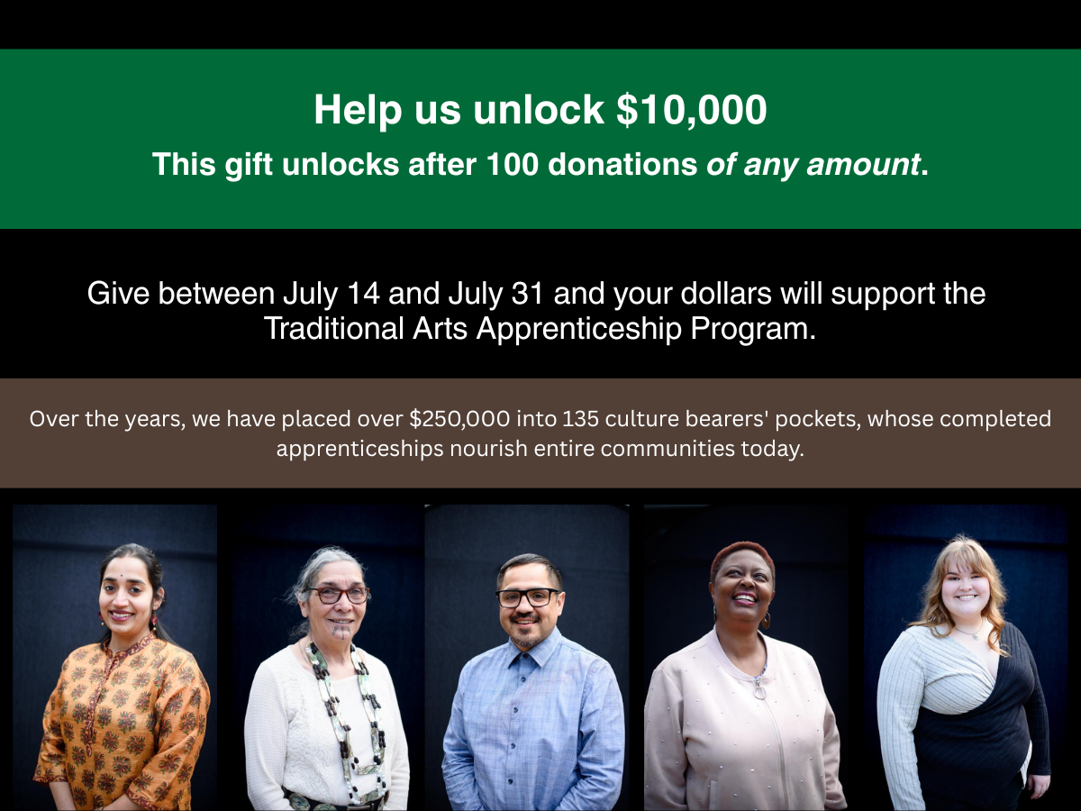 Five artists pose with text above on how to donate to OFN