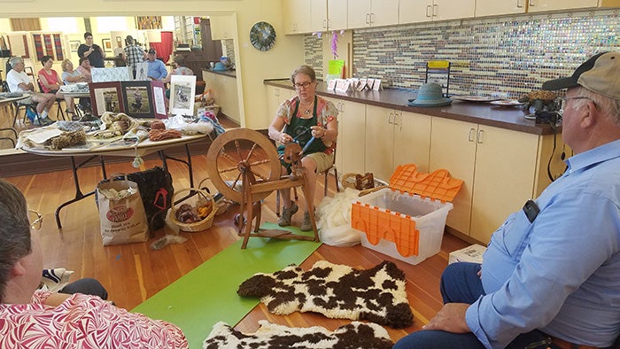 Sandra Van Liew demonstrates spinning, fleece prep, and knitting.