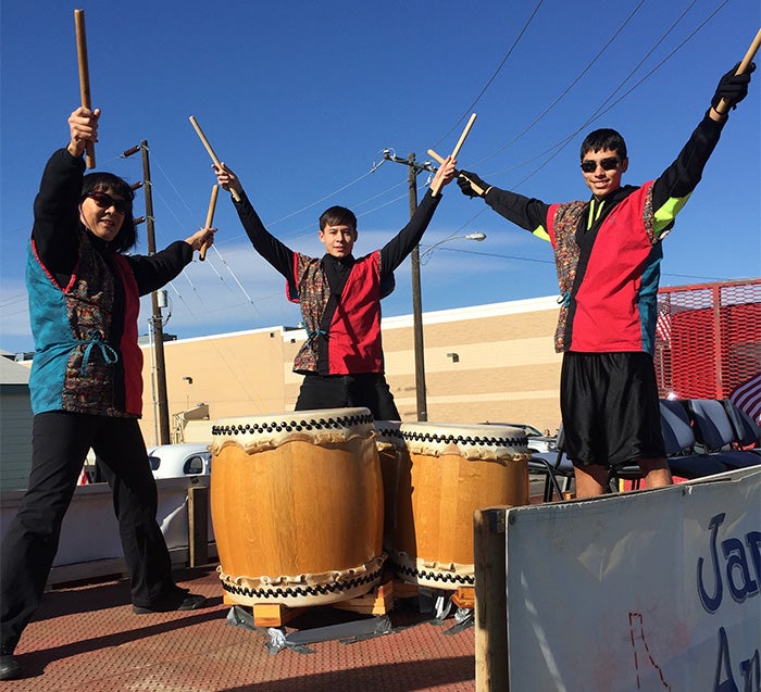 Taiko drummers on a parade float