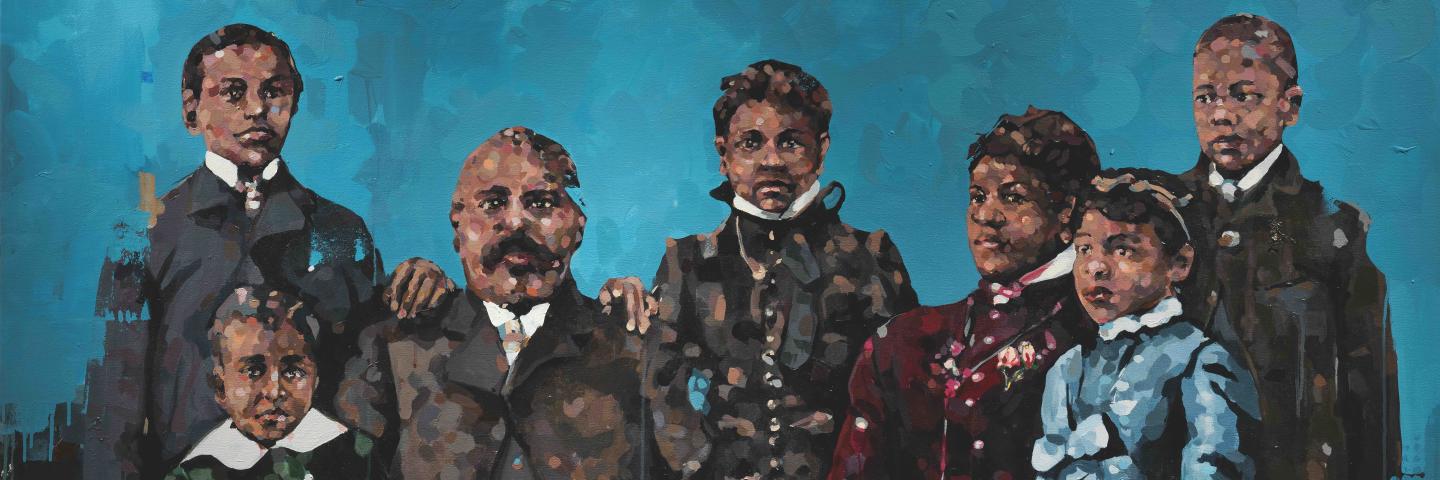 Oil portrait of an African American family with five children