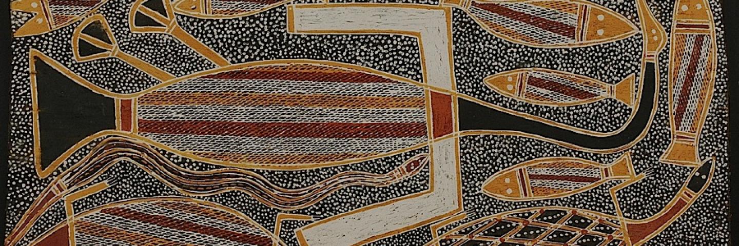 Bird, snake, lizards, and fish, Yirrkalla, Arnhem Land 30.5" x 17.75", Cat. No. 6-36