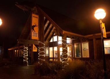 The museum at night with the pillars wrapped in twinkle lights