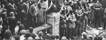 The Eugene Black Panthers speak on the UO campus in support of a Black student protest at Oregon State University in the late 1960s
