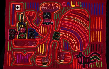 Mola with anthropomorphic rooster and beer bottle, cups, and flag. (exterior)