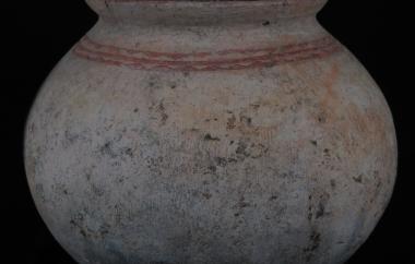 Globular jar with red horizontal lines and delicate cord markings