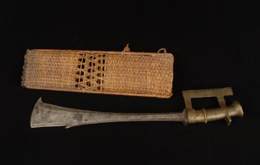 8-16  “Sacrificial knife” and woven bamboo sheath (Cat. # 8-16)